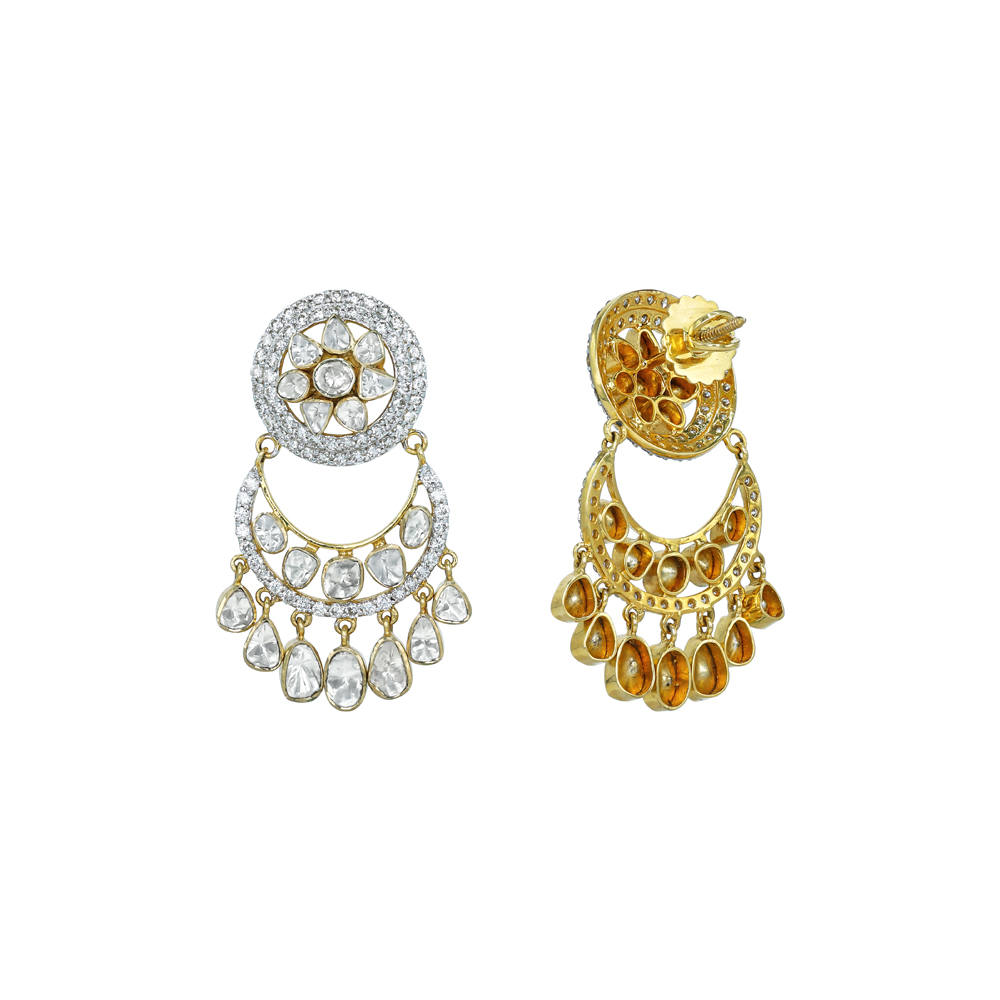 Polki Diamond Chandbali Earrings with Teardrop Danglers